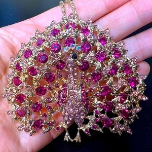 🦚 NWT! Large Pink Peacock Necklace & Brooch